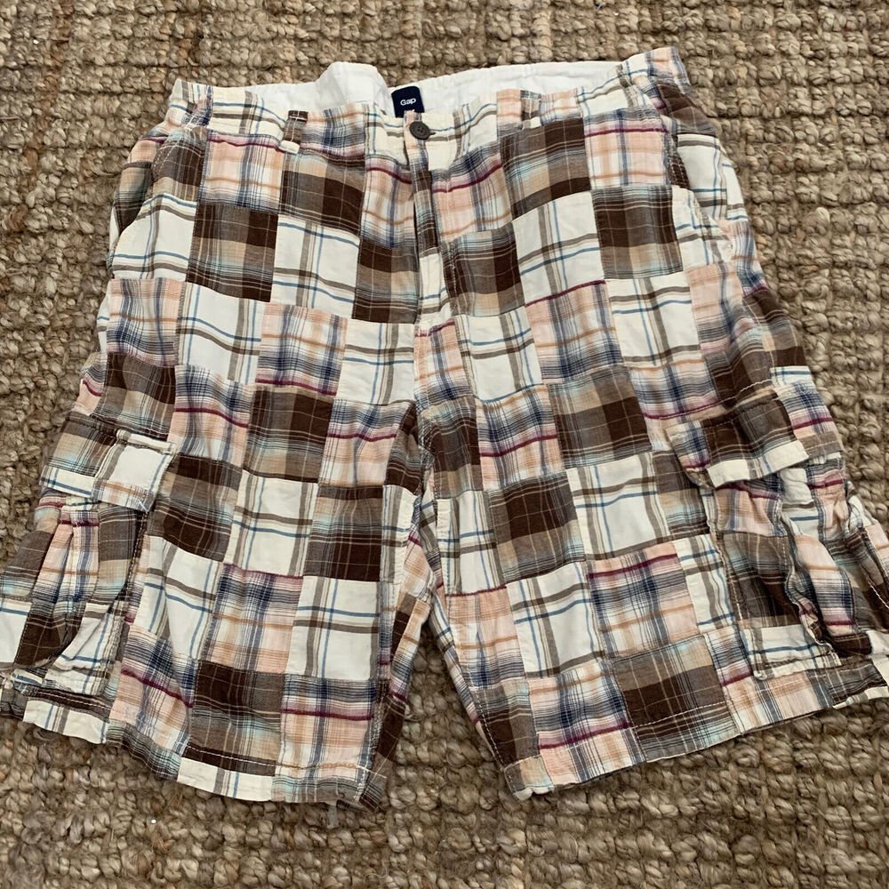 Gap Cargo Shorts Mens 40 Patchwork Madras Brown Plaid Multicolor Cotton